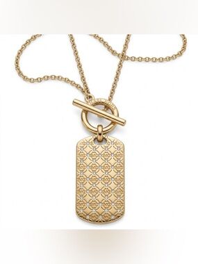 Michael Kors Gold Tone Crystal Pavé Monogram Dog Tag Toggle Necklace